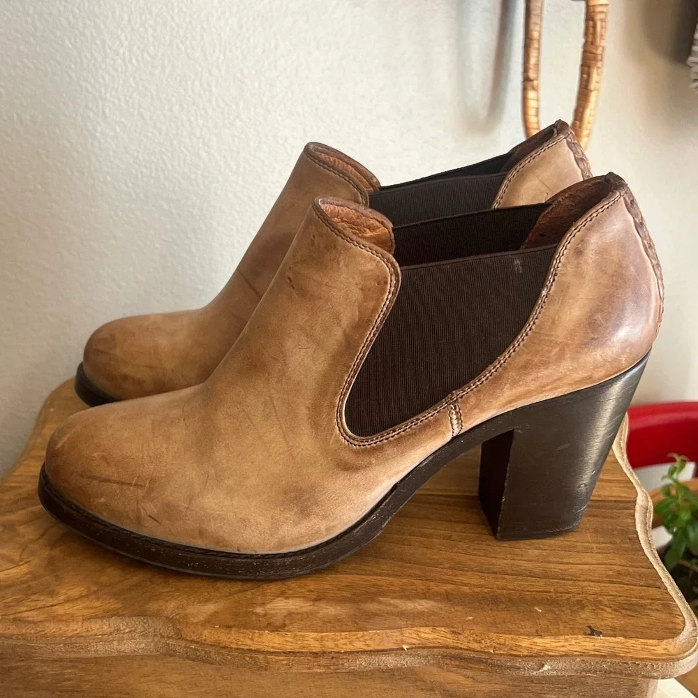 Ariat‎ Tan Leather Braided Back Block Heel Ankle Boots 10012049 Womens 9B